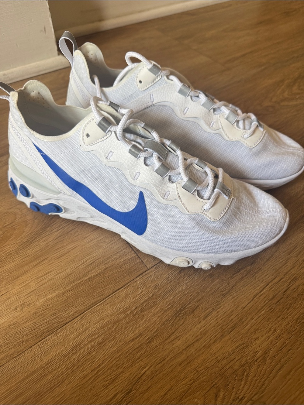 Nike White React Element 55 Sneakers  with Blue Swoosh Accents